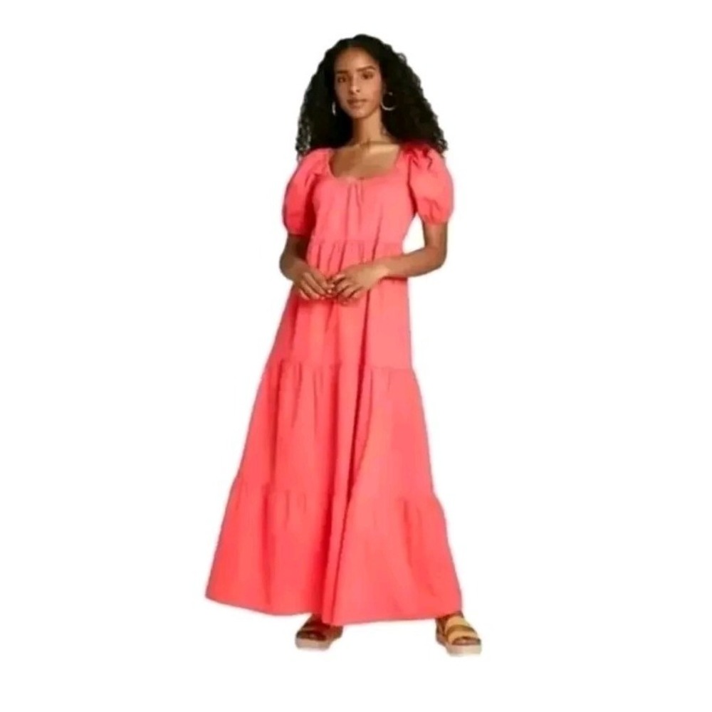 Wild Fable Pink Puff Sleeve Tiered Cotton Maxi Dress Size‎ Large Cottagecore